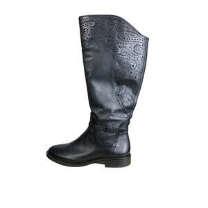 Gianni Bini Black Leather Laser Cut Tall Riding Boots Size 7M Wide Calf